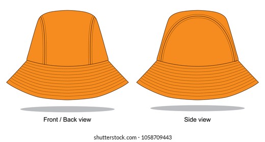 Blank orange bucket hat with 3 panel template on white background.Front, back and side view.