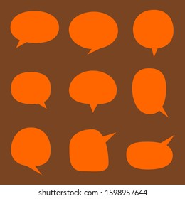 blank orange color speech bubbles set with different cartoon shape isolated on brown background. vector illustration