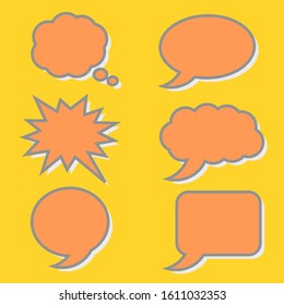 blank orange color speech bubbles set with different shape with white shadow isolated on yellow background. vector illustration 