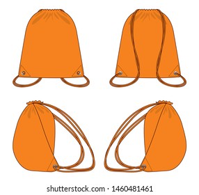 Blank Orange Drawstring Shoulder Bag Template Vector On Gray Background.Front Back and Side View.