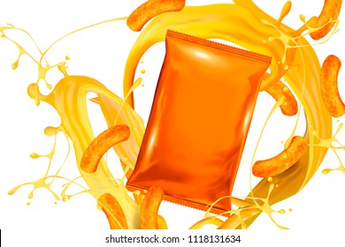 Bolsa de papel naranja en blanco con salsa de queso y rizos en 3d ilustración