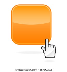 Blank orange glossy button and cursor hand with drop shadow on white