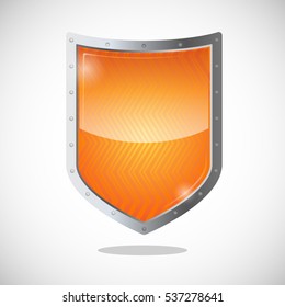 Blank orange gold shield in metallic frame isolated on white background. 3d illustration of antivirus icon, logotype of protective element, symbol of safety and security support vector illustration