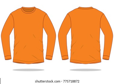 Blank Orange Long Sleeve T-Shirt Vector For Template.Front And Back Views.