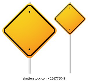 Blank Orange Road signs with empty space on metal poles. Smaller, larger versions included.