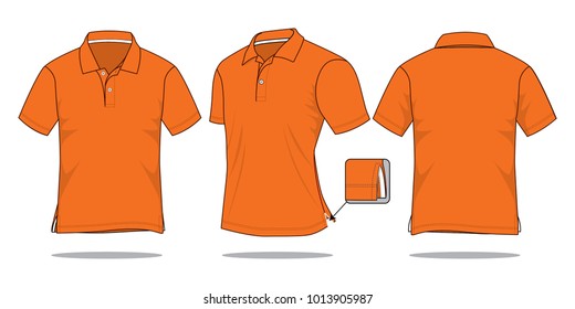 Blank Orange Short Sleeve Polo Shirt With Side Vent Hem Design On White Background.Front, Perspective and Back View, Vector File