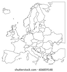 Blank outline map of Europe. Simplified wireframe map of black lined borders. Vector illustration.