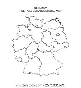 A blank outline map of Germany showcasing its political divisions. The editable stroke design allows for customization in various creative projects or presentations.