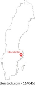 Blank outline map of Sweden border with capital location Stockholm. Swiss map vector illustration white background