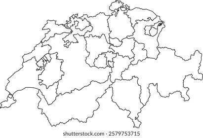 Blank outline map of Switzerland with all 26 cantons. Illustration made January 31st, 2025, Zurich, Switzerland.