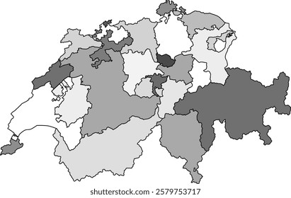 Blank outline map of Switzerland with all 26 cantons. Illustration made January 31st, 2025, Zurich, Switzerland.