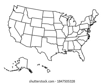 Blank outline map of United States of America. Simplified vector map made of black outline on white background.