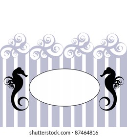 Blank oval on the blue and white stripes decorated by two sea horses and blue swirls