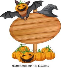 Blank oval wooden signboard with bat in halloween theme illustration