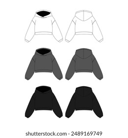 Blank Oversized Cropped Hoodie Technical Drawing Vector Fashion Illustration Cropped Hoodie Flat Vector Mockup Template Oversized Cropped Hoodie Apparel Mock-up Template Vector Clothing Oversized Crop