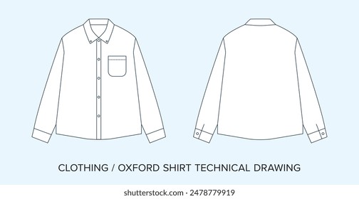 Leere Oxford Shirt Technical Drawing, Bekleidung Blaupause für Modedesigner. Detaillierte editierbare Vektorillustration, Schwarz-Weiß Kleidung Schematics, isolierter Hintergrund. 