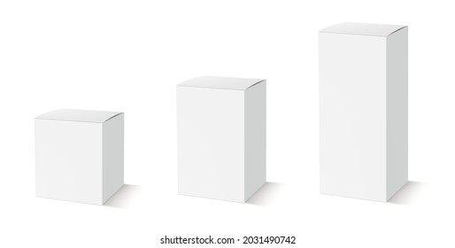 Blank package Box set. Three white rectangular shape boxes of different size, ready mockup for design