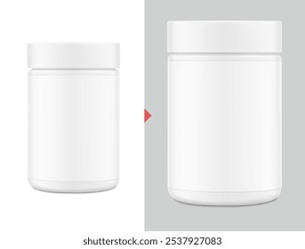 Recipiente em branco para suplemento, nutrição desportiva, produtos em pó. Ilustração vetorial isolada no plano de fundo branco e cinza. Pode ser usado para o seu design, publicidade, promoção. EPS10	