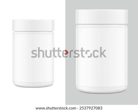 Blank package container for supplement, sport nutrition, powder products. Vector illustration isolated on white and grey background. Can be use for your design, advertising, promo. EPS10.	