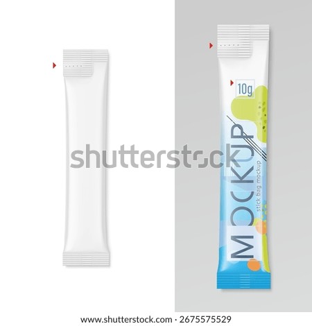 Blank package stick mockup. Flat lay view. Vector illustration isolated on white and grey background. Can be use for food, cosmetic, medicine and etc. EPS10.