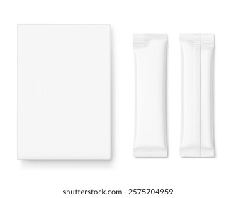 Blank package stick mockup with paperboard box mockup. Flat lay view. Vector illustration isolated on white background. Can be use for food, cosmetic, medicine and etc. EPS10.