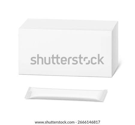 Blank package stick mockup with paperboard box mockup. Flat lay view. Vector illustration isolated on white background. Can be use for food, cosmetic, medicine and etc. EPS10.