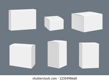 Blank packages mockup. Quadrate white closed boxes containers vector realistic template isolated