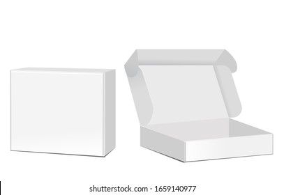 Blank packaging boxes - open and closed mockup, isolated on white background. Vector illustration