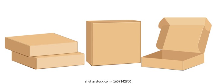 Blank packaging boxes - open and closed mockup, isolated on white background. Pile of stacked sealed goods cardboard boxes.Vector illustration eps10. 