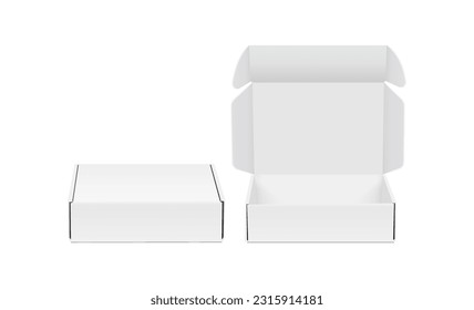 Blank Packaging Boxes, Opened, Closed, Front View, Isolated on White Background. Vector Illustration