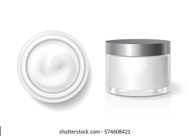 Blank packaging of cream, butter for skin care, White cosmetic jar with silver lid vector template. Top and side view