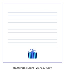 Blank page with blue frame, lines and gift icon on white background. Cartoon vector illustration for invitation, notes, print. Copy space.