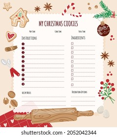 Blank page for Christmas recipes.Template for  layout, banner, web design, brochure.Background with ingredients for cooking christmas baking decorated with fir tree,cookies.Vector flat illustration.