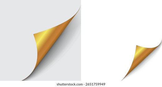 Blank page with curled edge corner and shadow, rolled up stickers, peel banners, bent sheet, curled page corner isolated on gray and white background, page curl with shadow on blank sheet