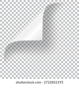 Leere Seite mit abgerollter Ecke und Schatten, aufgerollte Aufkleber, Schälbanner, gebogenes Blatt, Seitenabgerollte mit Schatten auf leerem Blatt, gerollte Seitenecke einzeln auf transparentem und weißem Hintergrund