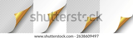 Blank page with curled edge corner and shadow, rolled up stickers, peel banners, bent sheet, curled page corner isolated on transparent and white background, page curl with shadow on blank sheet