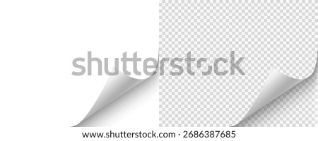 Blank page with curled edge corner and shadow, rolled up stickers, peel banners, bent sheet, page curl with shadow on blank sheet, curled page corner isolated on transparent and white background
