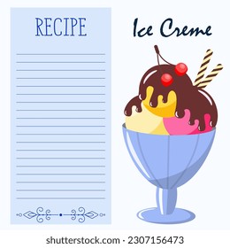 Blank page for homemade ice cream recipe with ice cream icon and lined text box. Vector illustration.