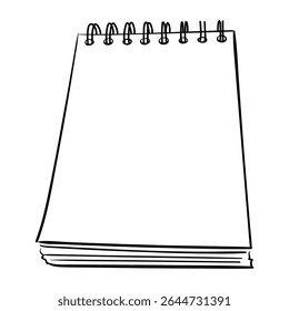 Uma página em branco de um bloco de anotações. Vetor esboça um bloco de notas com mola na arte da linha. ilustração desenhada à mão. Para notas, memorização, checklists, scrapbook, escritório ou tema da escola.