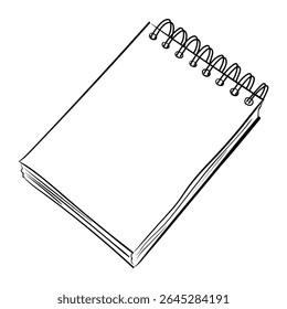 Uma página em branco de um bloco de anotações. Vetor esboça um bloco de notas com mola na arte da linha. ilustração desenhada à mão. Para notas, memorização, checklists, scrapbook, escritório ou tema da escola.