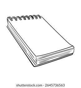 Uma página em branco de um bloco de anotações. Vetor esboça um bloco de notas com mola na arte da linha. ilustração desenhada à mão. Para notas, memorização, checklists, scrapbook, escritório ou tema da escola.