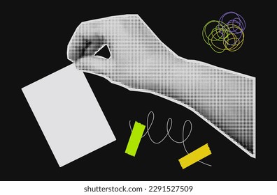 Blank page of paper in hand, halftone collage. Female hand holding blank paper, note for writing. Mockup, clipping from a magazine for collage design. Business form, document. contemporary art. Vector