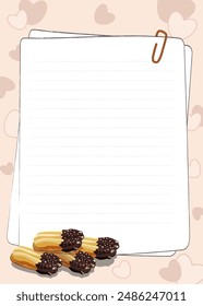 Blank pages with hearts, paper clip and copy space, decorated with petit four with apricot jam. Cartoon vector illustration for recipe, menu, poster.