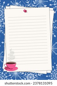 Blank pages with lines, pin and copy space, decorated with a cup of hot chocolate and snowflakes on a blue background. Winter vector illustration for recipe, invitations, poster, note.