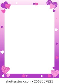 Blank pages on a purple gradient background decorated with different style hearts. Vector illustration for invitations, recipe, poster, note.