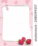 Blank pages with paper clip and copy space, decorated with red strawberries and hearts. Cartoon vector illustration for invitations, recipe, poster, note.
