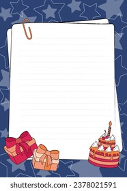 Blank pages with paper clip and copy space, decorated with birthday cake gifts and stars. Cartoon vector illustration for invitations, recipe, poster, note.