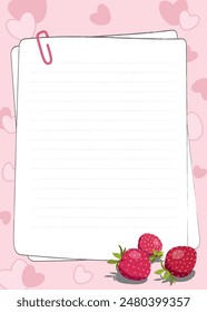 Blank pages with paper clip and copy space, decorated with red strawberries and hearts. Cartoon vector illustration for invitations, recipe, poster, note.