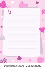 Blank pages with paper clip and copy space, decorated with pink, gray and white hearts. Vector illustration for invitations, recipe, poster, note.