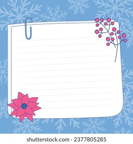 Blank pages with paperclip and copy space, decorated with poinsettia and branches with berries. Cartoon vector illustration suitable for letter to Santa Claus, poster, note.